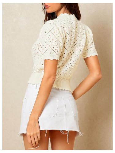 Verdusa Women's Puff Short Sleeve Button Down Cardigan Scalloped Hollow Out Crochet Sweater2