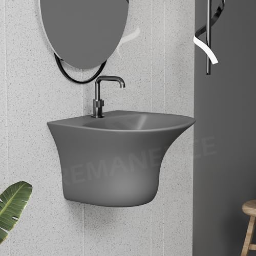 Image of REMANENCE Luxury Wall Mount Half Pedestal Wash Basin for Bathroom | Designer Wall Hung Basin | Wall Mounted Washbasin for Resturent, Hotels (16 x 16 x 11 Inch) (Matte Grey)
