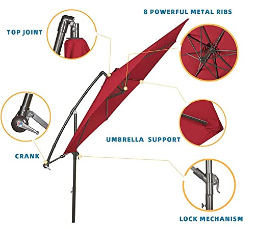 Qdy -9.8 Ft/3M Cantilever Parasol, Banana Garden Parasol Umbrella With Crank Handle & Height Adjustable, Uv50+ Waterproof Outdoor Sun Shade For Outdoor, Patio,4 Red #TOP2