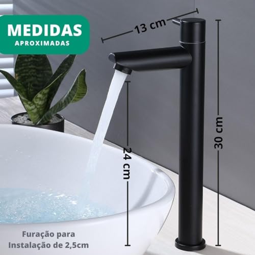 Torneira Alta Preta Fosca Premium Banheiro Lavabo Lavatorio de Bancada Somente Água Fria de Bica em