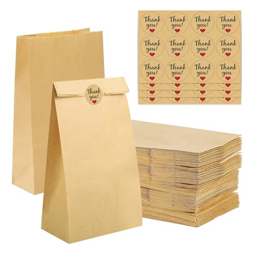 60 sacos de papel pequenos castanhos, 9 x 5,5 x 18 cm, estraga com autocolantes, resistentes a óleo, para rebuçados