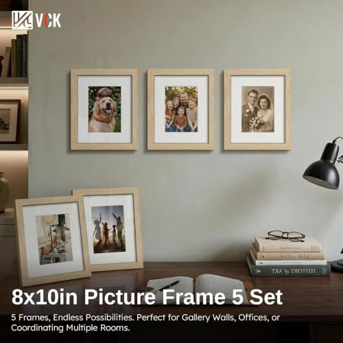 Image of VCK 8x10 Picture Frame 5 Pack, Natural Wood, 5x7 Mat, Glass, for Portrait