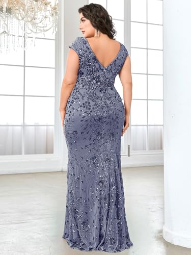 Image of Plus Size Womens Sequined Long Evening Gown Glamous Sleeveless V-Neck Mermaid Prom Dress for Wedding Party