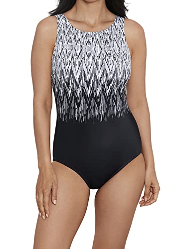 Penbrooke Shapesolver Sport Women's Sharp Therapy Highneck Soft Cup One Piece Swimsuit, Black/White, 12 #TOP1