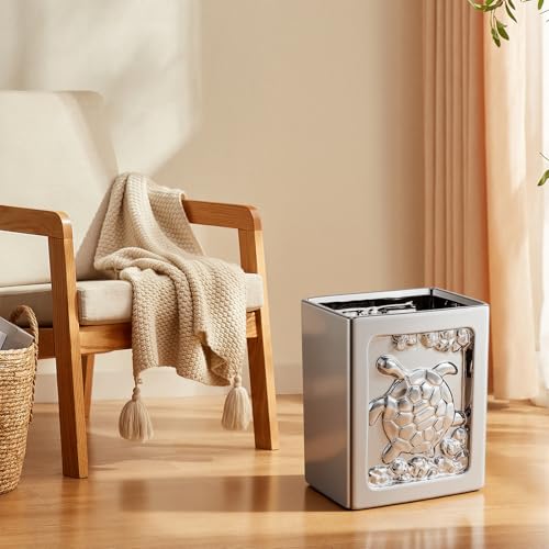Image of Ceramic Trash Can - Square Garbage Can with Turtle Relief, Trash Bin for Bathroom, Bedroom, Kitchen, Office, 1.85 Gallon Small Waste Basket (Silver)