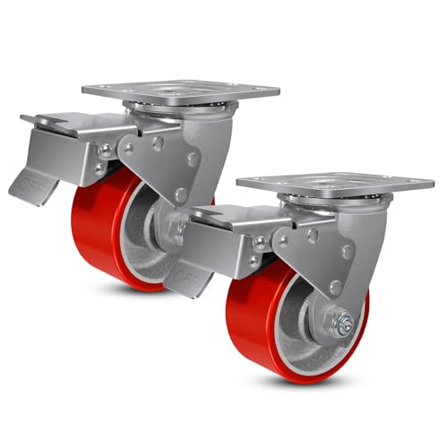 4" Heavy Duty Casters, Swivel Industrial Caster Wheels with Brake, Each Caster Loads 800lbs (2 Total Lock Brake)