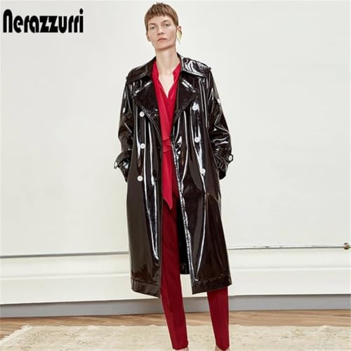 Women Long Waterproof Black Patent Leather Trench Double Breasted Iridescent Oversized Leather Coat2