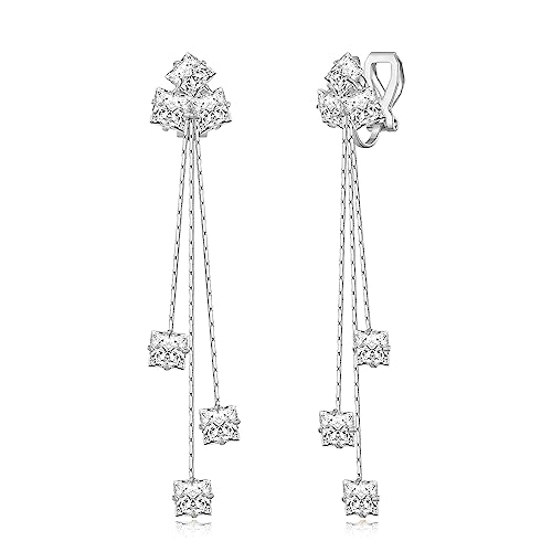 YOQUCOL Women Cubic Zirconia Crystal Long Drop Dangle Clip On Earrings For Not Pierced Women