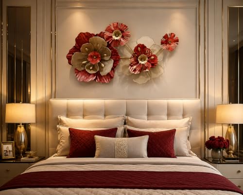 Image of ZOVE Radiant Rooms Metal Flower Wall Art for Living Room | Modern 3D Floral Wall Decor | Premium Iron Wall Hanging for Bedroom, Dining Room, Hallway & Office | 40 x 21Inch | Red & Gold