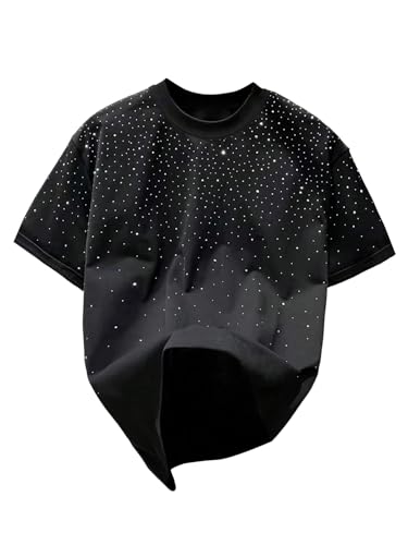 RoseSeek Men's Rhinestone T Shirts Glitter Crewneck Short Sleeve Casual Summer Tops Tee Shirt Black Medium