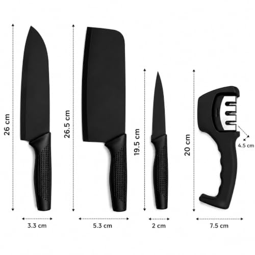 Image of SNMMIFER Kitchen Knife Set with Knife Sharpener, 4 Pcs Black Kitchen Knives Set for Cutting, Chopping, Slicing & Dicing,Knife with 3 Stage Sharpener (Knife + Sharpner)