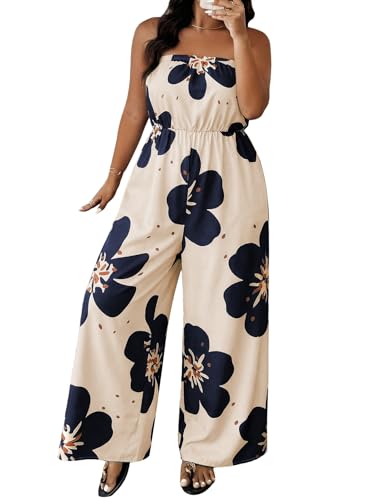 OYOANGLE Womens Plus Size Jumpsuit Floral Strapless Romper Off Shoulder Wide Leg Jumpsuits Beach Vacation Summer Outfits Beige X-Large Plus