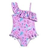 Generisch Einteiliger Badeanzug für Mädchen mit Rüschenverzierung kindgerechtem Druck für sommerliche Badevergnügen (Purple, 4-5 Years)