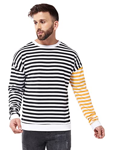 Image of GRITSTONES Men OversizedRound Neck Stripe Drop Shoulder Cotton T-Shirt
