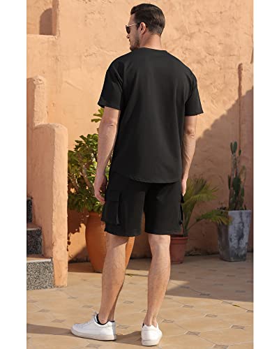 Yawyews Men's 2 Piece Outfits Casual Tracksuit Cargo Shorts Summer Athletic Drop Shoulder Sleeve Sportwear Set #TOP2