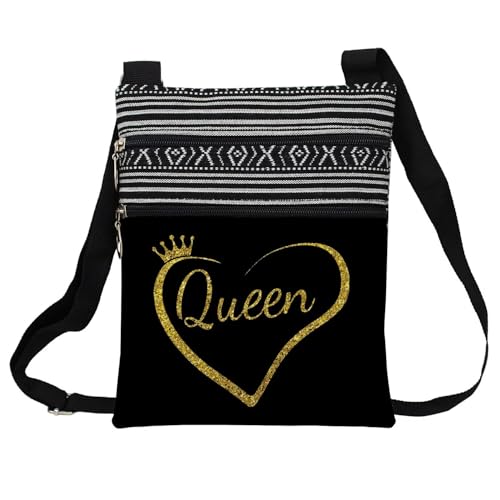 Queen Messenger Bag Small Ethnic Pattern Printed Adjustable Strap Crossbody Zipper Pouch Crown Love Phone Organizer Wallet Cute Shoulder Handbag For Women Friends