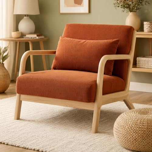 Sicaan Fauteuil Scandinave Vintage MARIE en Velours Côtelé Terracotta – Design Élégant avec Accoudoirs Courbés et Coussin Inclus – Fauteuil de Salon ou Chambre...