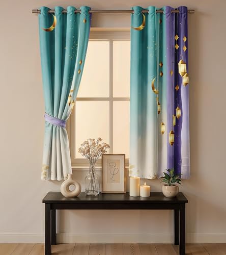 Image of Ultimate Trends Room Darkening Digital Printed 3D Prints Curtain 65-70% Opacity,Diamond Eyelets, Tie Back, Floral Decorated, 7 FEET Pack of 2,Teal Purple
