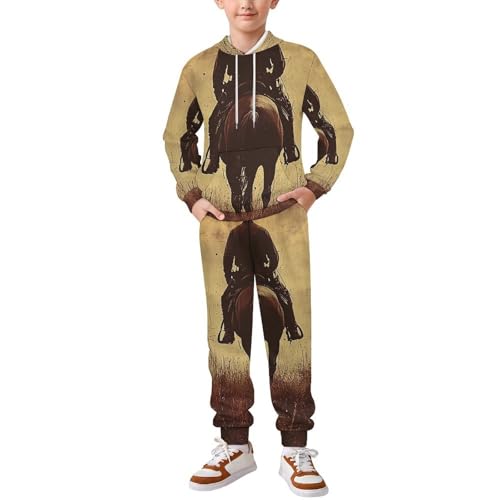 Boys Girls Sweatshirt Set 2 Piece Pullover Hoodie Kid Jogger Sweatpants, Western Cowboy Horse West Vintage
