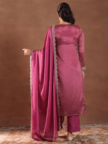 Image of Libas Printed Silk Blend Straight Kurta With Trouser and Dupatta