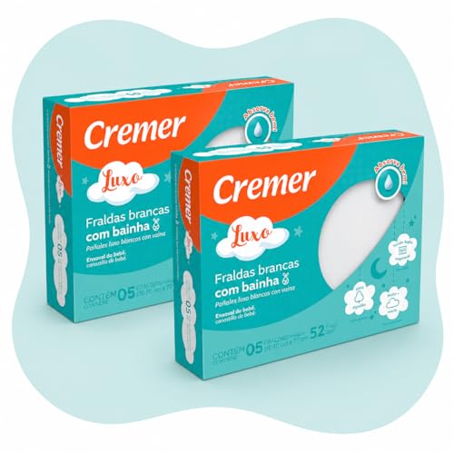 Cremer Fralda de Pano Luxo Branca com Bainha, 100% Algodão, 70 x 70 cm, Kit 2 Pacotes de 5