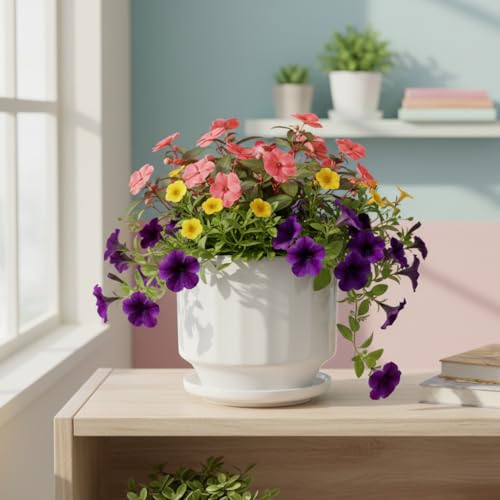Image of Xtore Minimal Ceramic Ribbed Planter with Base | Compact Plant Pot for Desk, Window & Shelf Decor - (White, 1 Piece, Planter ONLY)