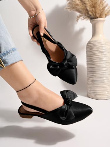Image of Shoetopia Women's Flat Sandals - Stylish Slingback Slip-On Bally with Bow Design, Comfortable Casual & Party Footwear