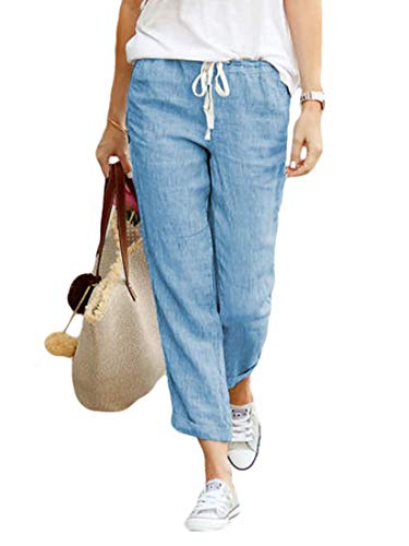 Calça casual feminina plus size com cordão de linho de algodão e cintura elástica da KLJR, Azul, X-L