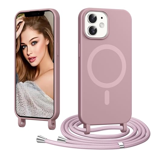 Coiwxmoi Handyband Handyhülle für iPhone 12/12 Pro Hülle mit Band [Kompatibel mit MagSafe] Magnetisch Necklace Silikon Case mit Verstellbar Abnehmbar Kordel zum Umhängen Stoßfest Schutzhülle Rosa