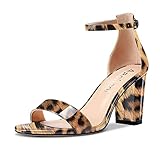 Aachcol Women Sandals Peep Open Toe Ankle Strap Chunky Block Mid Heel Shoes Party 3.5 Inch, Brown Leopard, 10