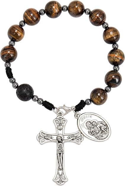 Nazareth Store Tiger Eye Beads One Decade Rosary Handmade Pocket Car Mirror with Saint Joseph Medal and Jesus Cross in Antique Silver Volcanic Stone Travel Friendly Rosary