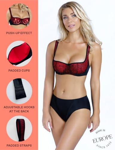 Image of Rosme Women's Balconette Bra with Push Up Effect Plus Size Sexy Lace Demi Half Cup Bra Underwired Low Cut Mesh Bras Grand