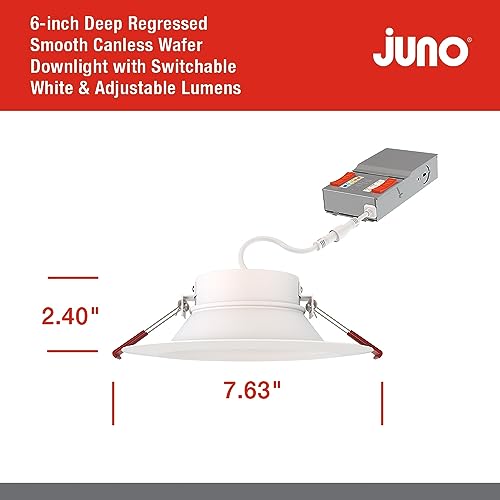 Image of Juno LED Recessed Lights 6 Inch Round Wafer Downlight, 5-in-1 Switchable White Color Temperature, Adjustable Brightness, Deep Regressed Smooth Trim, 6-Inch, Matte White