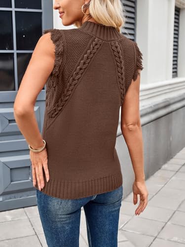 Image of Womens Summer Sleeveless Sweater Vest 2025 Mock Neck Cable Knit Fringe Cap Sleeve Boho Trendy Pullover Tank Tops