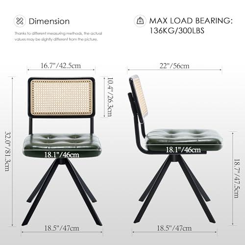 Image of Zesthouse Rattan Desk Chair No Wheels, Mid Century Modern Home Office Chair with Cane Mesh & Wooden Back, Vintage Faux Leather Swivel Accent Chair, Upholstered Armless Computer Task Chair,Green
