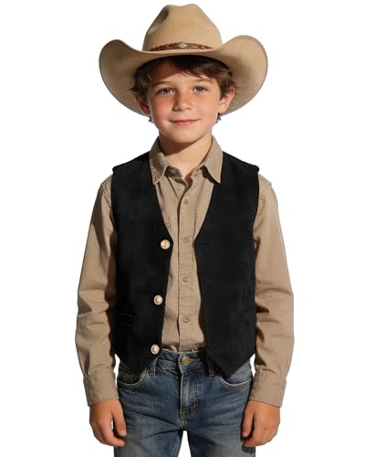 Image of Retro Boys Western Cowboy Vest for Kids Leather Suede Waistcoat | vintage dress vests, welt pockets, v-neck, adjustable waist, formal slim fit, wedding outfit, farm christmas birthday prom