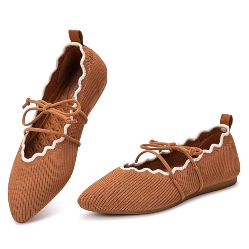 BEJINASH Women's Knitted Flats Pointed Toe Slip On Womens Shoes with Ruffled Vamp Elastic Rope Design for Casual Daily Ballets Shoes Tan