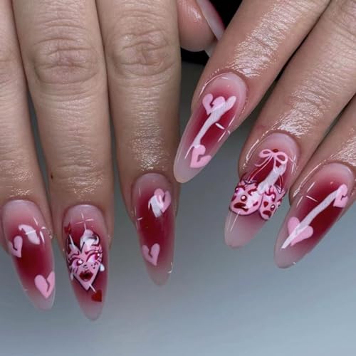 Pikabows Press On Nails Long Almond Pink Cherry Gradient Heart Valentine Fake Nails Acrylic False Nail Tips Kit Glue on Nails for Women