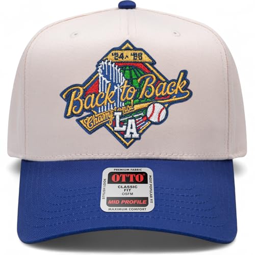 Back to Back Baseball 2025 World & League Champions Embroidered Patch Hat | Los Angeles LA Merch | Snapback for Men & Women (US, Alpha, One Size, Royal/Natural Vintage Back to Back)