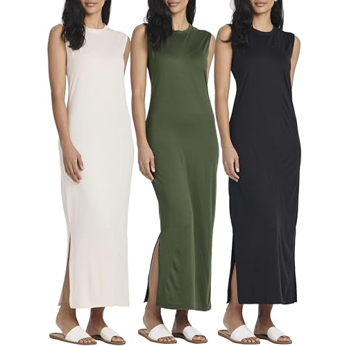 Image of Real Essentials 3 Pack: Women's Maxi Tank Dress | Sleeveless Casual Long Lounge Dress (Plus