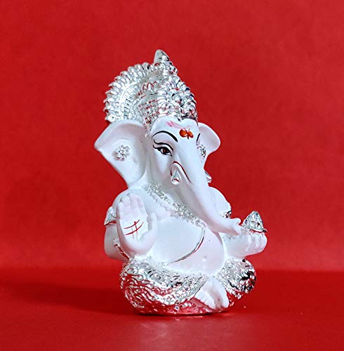 Sawcart Lord Ganesha/Ganesh/Ganpati 3.5” Silver Plated Terracotta Puja Idol Figurine Sculpture Hindu God Of Success, Prosperity, Good Luck & Fortune For Car Dashboard, Temple & Home Décor (White) #TOP4