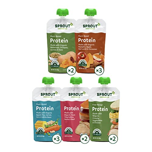 Sprout Organic Baby Food, Stage 3 Pouches, 8 Flavor Meat & Plant Protein Variety Pack, 4 Oz Purees (Pack of 12), Packaging May Vary