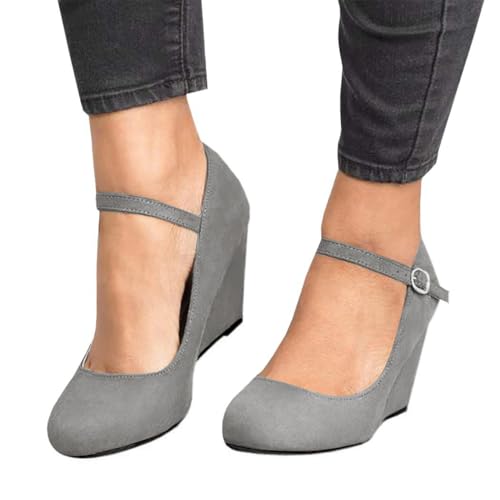 Image of Coutgo Womens Wedge Pumps Dressy Mary Jane Shoes Comfort Wedges Closed Toe Ankle Strap Heeled Shoes