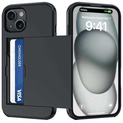 nicekool Coque pour iPhone 15 avec Porte Carte, Silicone TPU Étui de téléphone, Antichoc Housse de Protection Bumper Cover Anti-Rayures Case Coque Portefeuille Fente Cachée Coulissante, Noir