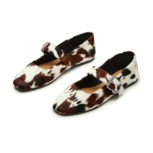 DOEYG Brown Cow Print Mary Janes Flats for Women Square Toe Ballet Flats Shoes Buckle Strap Dressy Comfortable Casual Ballerina Shoes Size 8