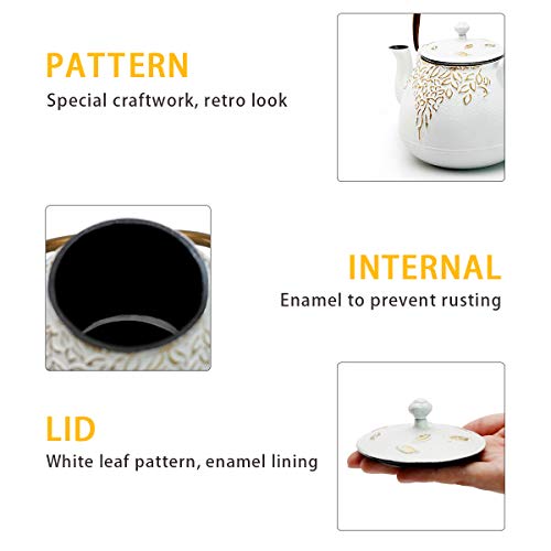 Tea Kettle, TOPTIER Japanese Cast Iron Teapot with Infuser for Loose Leaf and Tea Bags, Stovetop Safe Cast Iron Tea Kettle Coated with Enameled Interior for 40 oz (1200 ml), White