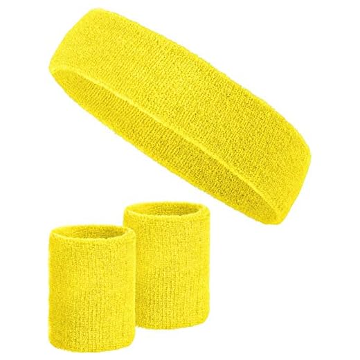 Balinco Juego de 3 muñequeras con 2 Bandas para el Sudor para la muñeca + 1 Cinta para la Cabeza para Hombre y Mujer, Amarillo