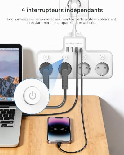 VIPWELL Multiprise Murale avec Interrupteur Multiprise avec USB C et USB A Chaque Prise commandée Individuellement 4 Prises avec câble d'extension 10CM pour Bureau à Domicile, Gaming, hôtel – vue 4