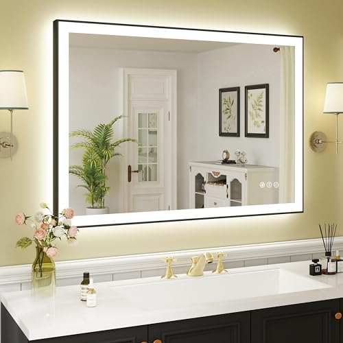 Image of WTTY 40 inchX30 inch LED Bathroom Mirror with Black Frame, Bathroom Vanity Mirror with Lights for Wall, Front Light and Backlit, Anti-Fog, Dimmable, 3 Colors, Shatterproof, Memory, Horizontal /Vertical