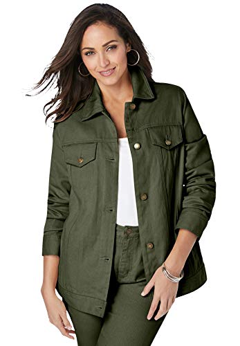 Jessica London Women s Plus Size Classic Cotton Denim Jacket 100% Cotton Jean Jacket - 26, Dark Olive Green